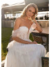 Off Shoulder Sparkly Ivory Lace Tulle Wedding Dress With Detachable Sleeves